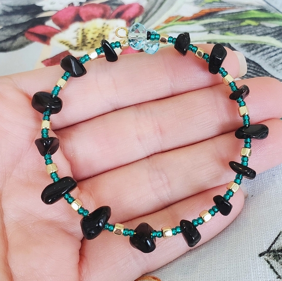 Hematite Gemstone w/ Gold & Teal Beaded Bangle Set - Picture 5 of 9